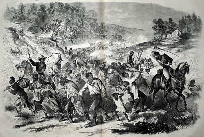 Harper's Weekly print from 1862 showing Confederate Army driving enslaved persons further South.