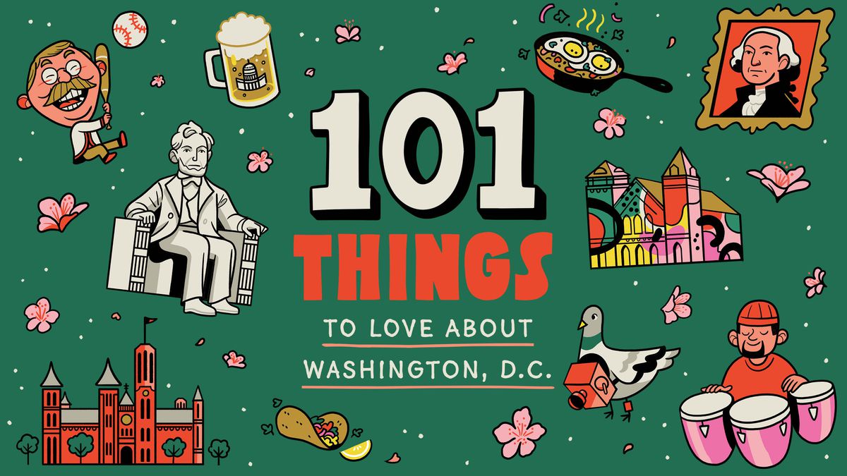 An illustration with a dark green background and icons of Washington, D.C., including the Abraham Lincoln statue, the Smithsonian Castle, the Teddy Roosevelt Washington Nationals mascot, and a go-go drum player.